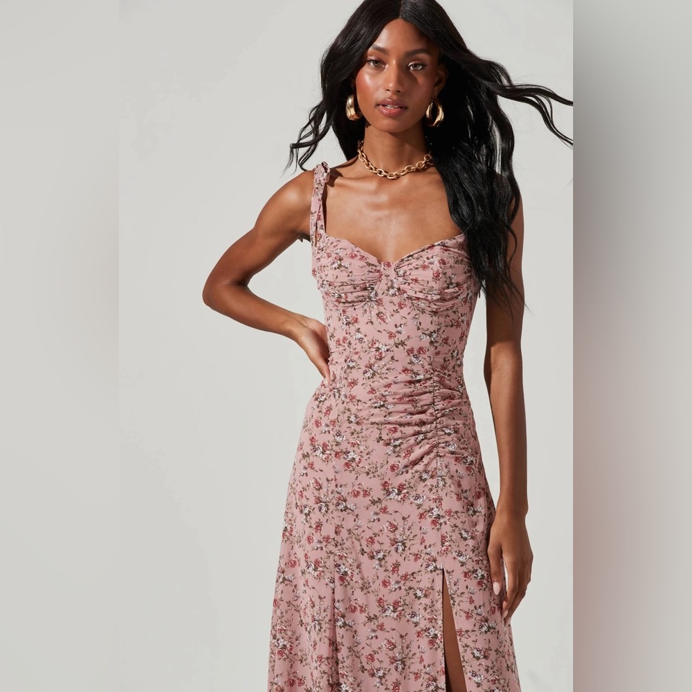 ASTR THE LABEL MILKMAID TIE STRAP FLORAL MIDI DRESS MAUVE MULTI FLORAL